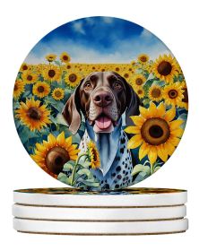 German Shorthaired Pointer in Sunflowers Large Sandstone Coasters Pack of 4 Absorbent Round Coasters Decor Gifts for Men or Women, 4 in, Multicol