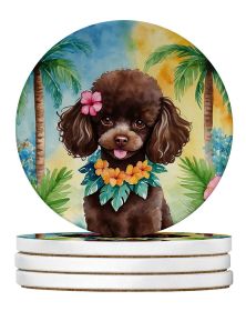 Chocolate Poodle Luau Large Sandstone Coasters Pack of 4 Absorbent Round Coasters Decor Gifts for Men or Women, 4 in, Multicolor