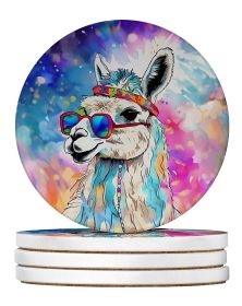 Hippie Animal Llama Large Sandstone Coasters Pack of 4 Absorbent Round Coasters Decor Gifts for Men or Women, 4 in, Multicolor