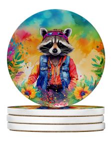Hippie Animal Raccoon Large Sandstone Coasters Pack of 4 Absorbent Round Coasters Decor Gifts for Men or Women, 4 in, Multicolor