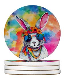 Hippie Animal Rabbit Large Sandstone Coasters Pack of 4 Absorbent Round Coasters Decor Gifts for Men or Women, 4 in, Multicolor