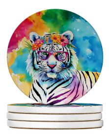 Hippie Animal White Tiger Large Sandstone Coasters Pack of 4 Absorbent Round Coasters Decor Gifts for Men or Women, 4 in, Multicolor