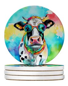 Hippie Animal Cow Large Sandstone Coasters Pack of 4 Absorbent Round Coasters Decor Gifts for Men or Women, 4 in, Multicolor