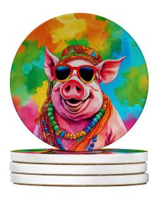 Hippie Animal Pig Large Sandstone Coasters Pack of 4 Absorbent Round Coasters Decor Gifts for Men or Women, 4 in, Multicolor