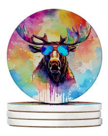 Hippie Animal Moose Large Sandstone Coasters Pack of 4 Absorbent Round Coasters Decor Gifts for Men or Women, 4 in, Multicolor