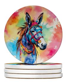 Hippie Animal Donkey Large Sandstone Coasters Pack of 4 Absorbent Round Coasters Decor Gifts for Men or Women, 4 in, Multicolor