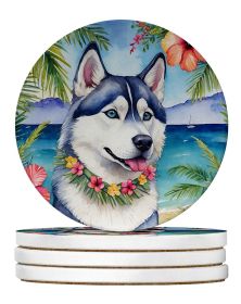 Siberian Husky Luau Large Sandstone Coasters Pack of 4 Absorbent Round Coasters Decor Gifts for Men or Women, 4 in, Multicolor