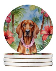 Redbone Coonhound Luau Large Sandstone Coasters Pack of 4 Absorbent Round Coasters Decor Gifts for Men or Women, 4 in, Multicolor