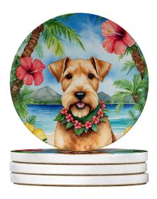 Lakeland Terrier Luau Large Sandstone Coasters Pack of 4 Absorbent Round Coasters Decor Gifts for Men or Women, 4 in, Multicolor