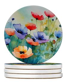 Anemones in Watercolor Large Sandstone Coasters Pack of 4 Absorbent Round Coasters Decor Gifts for Men or Women, 4 in, Multicolor