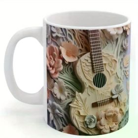 1pc, 11oz, Sturdy Ceramic Mug, 3D Floral Guitar Mug - Vibrant Printed Pattern, Ideal for Morning Coffee At Home,